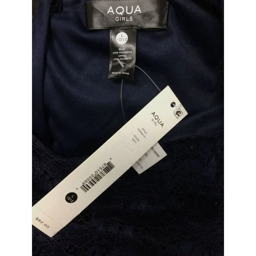 Aqua Kids Girl's Blue Lace Overlay V-Neck Short Sleeve A-Line Dress Sz L - Picture 3 of 3